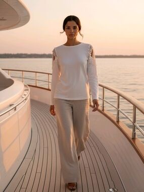 White Lace-Shoulder Long Sleeve Top